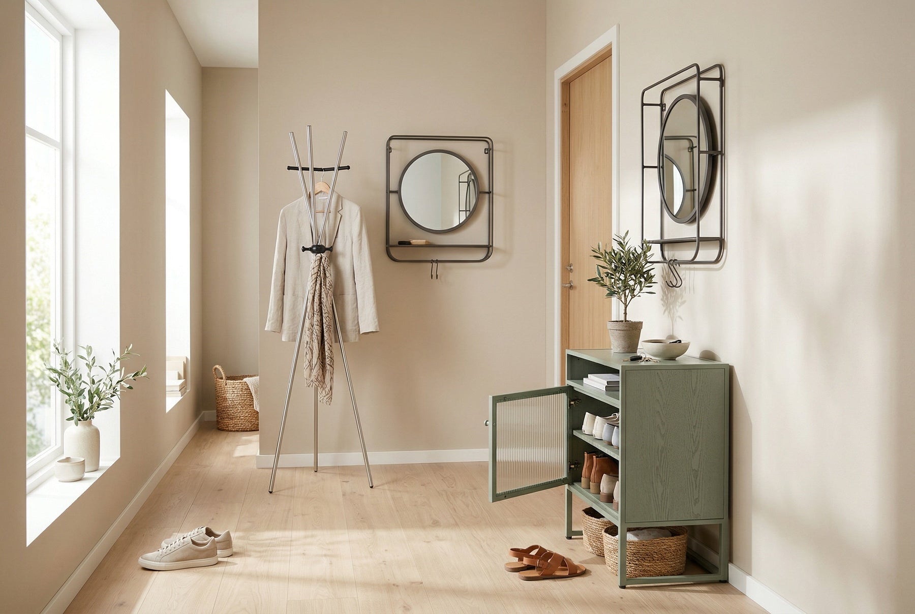 Stijlvolle hal met kapstok, spiegels en groene schoenenkast - Lente Refresh collectie Creating Home