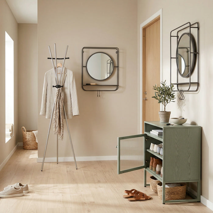 Stijlvolle hal met kapstok, spiegels en groene schoenenkast - Lente Refresh collectie Creating Home