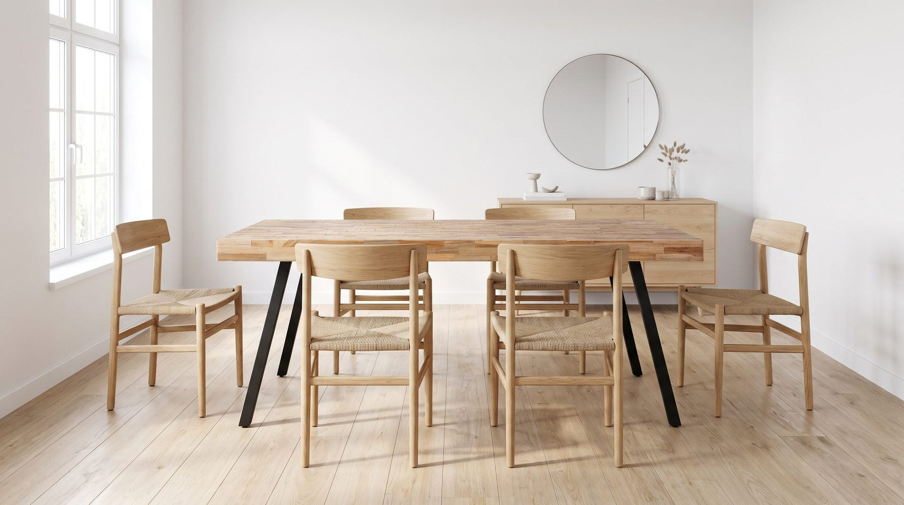 Teakhouten eettafel met zes stoelen en ruime loopruimte in een lichte eetkamer