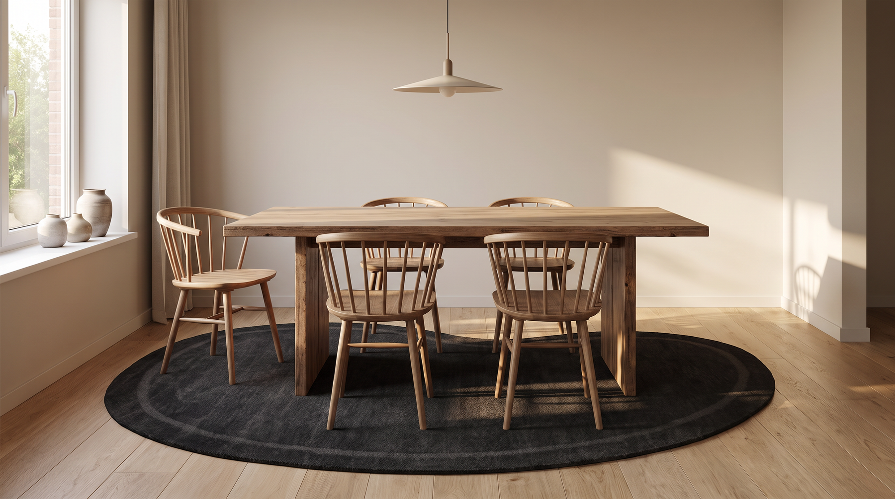 Antraciet organisch gevormd vloerkleed onder een houten eettafel in een lichte, moderne eetkamer