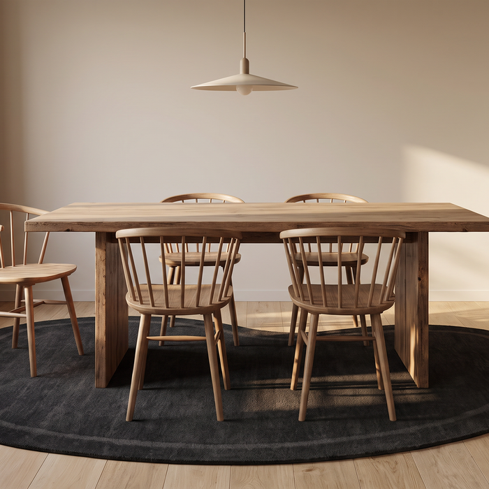 Antraciet organisch gevormd vloerkleed onder een houten eettafel in een lichte, moderne eetkamer