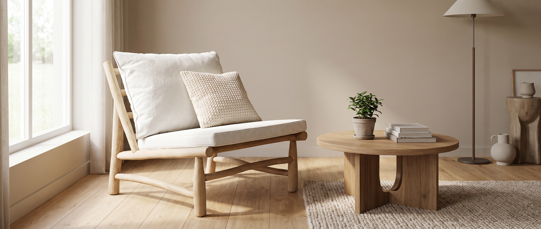 2e-kans houten loungebank met witte kussens in een lichte woonkamer, naast een ronde houten salontafel