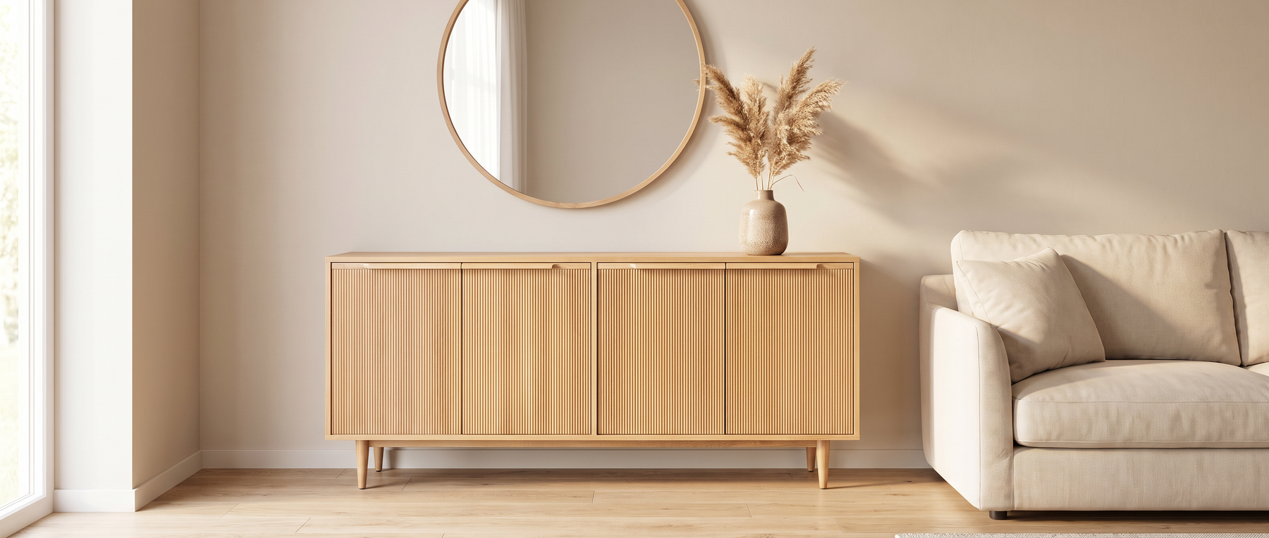 Lichte houten dressoir met verticale groefpanelen onder een ronde spiegel in een woonkamer met beige bank