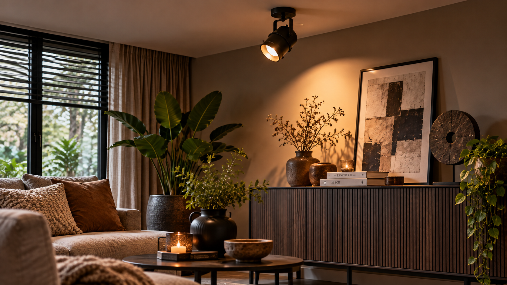 Zwarte metalen plafondspot in sfeervolle woonkamer met warm licht en houten dressoir