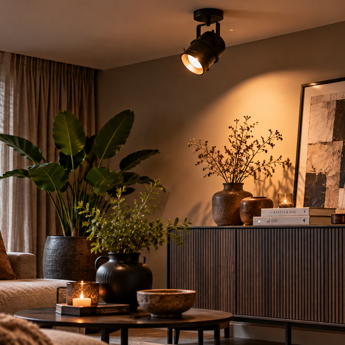 Zwarte metalen plafondspot in sfeervolle woonkamer met warm licht en houten dressoir