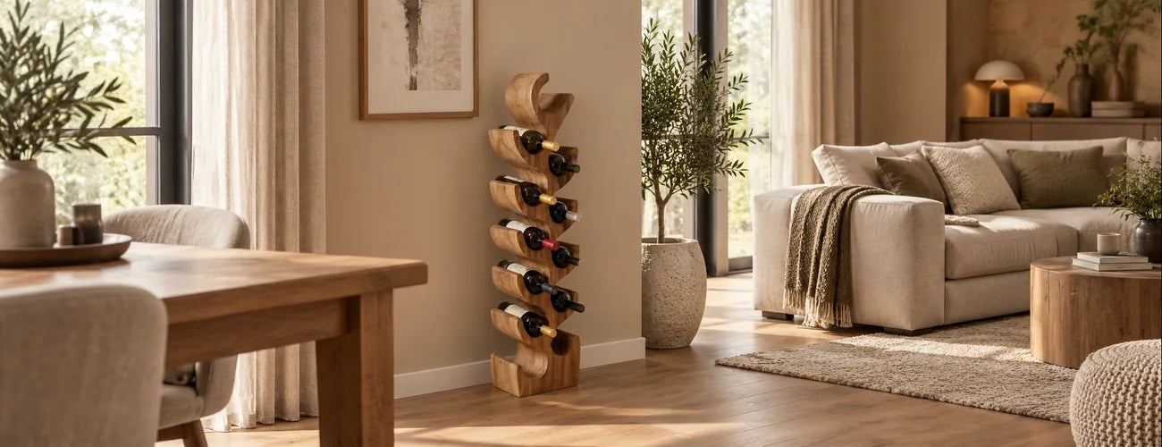 Houten wijnrek met wijnflessen in een warm ingericht interieur