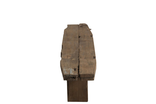 Bruin bankje van gerecycled hout met een robuuste, rustieke uitstraling, 190x38x46 cm.