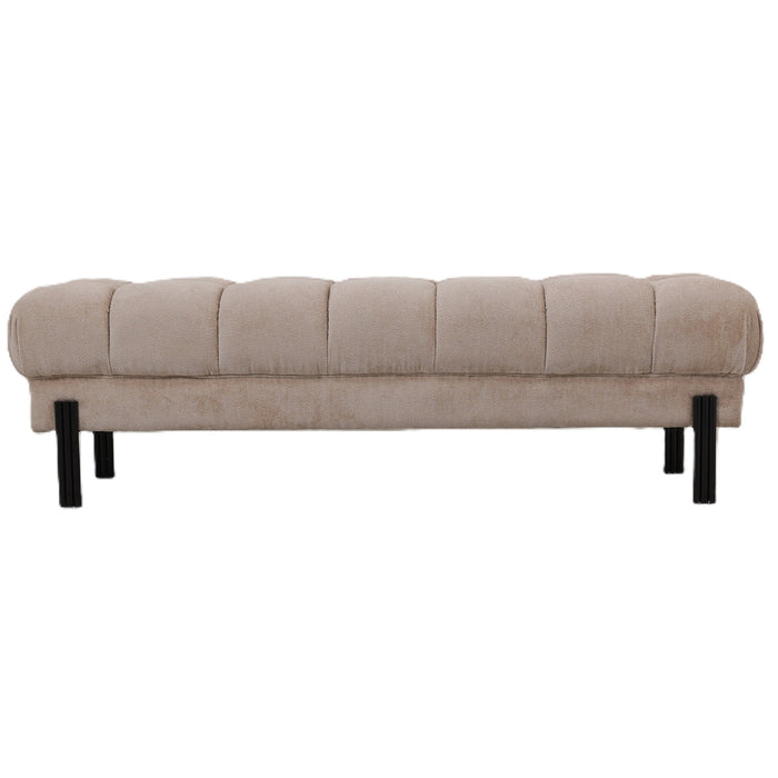 Beige gestoffeerd Melbourne bankje van 160 cm met een slank zwart metalen onderstel.