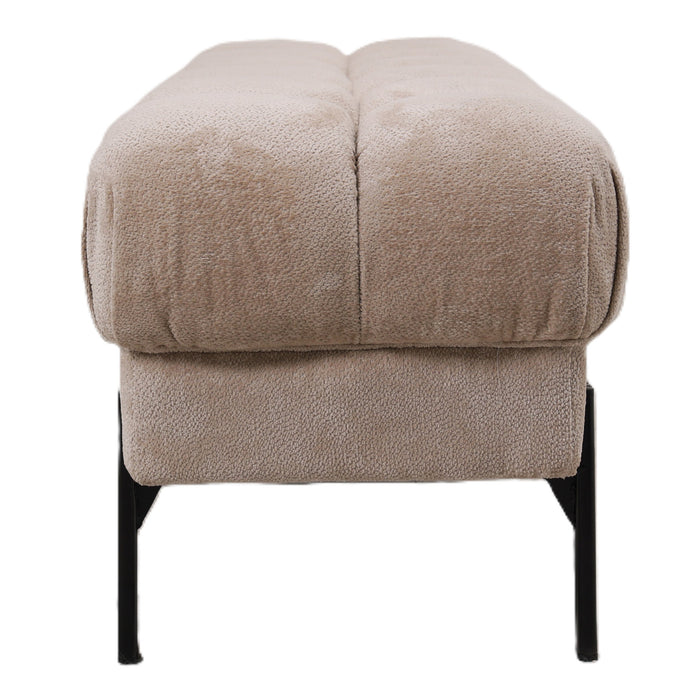 Beige gestoffeerd bankje Melbourne van 160 cm met een slank zwart metalen onderstel.