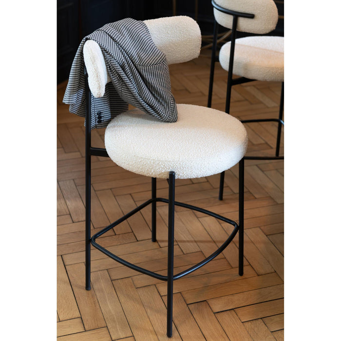 Barkruk Bar Stoel Bouclé Plywood/Polyester Wit/Zwart 48x53x97 cm-Barkrukken-J-Line