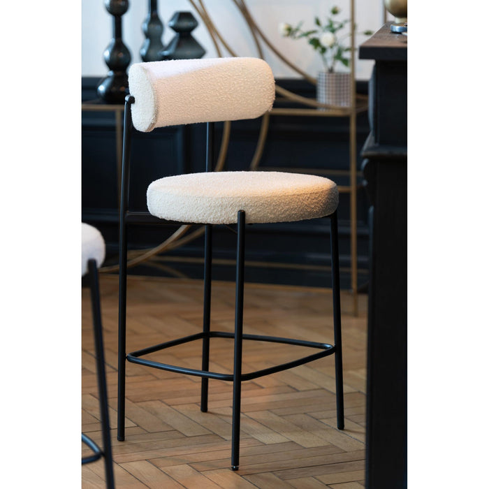 Barkruk Bar Stoel Bouclé Plywood/Polyester Wit/Zwart 48x53x97 cm-Barkrukken-J-Line