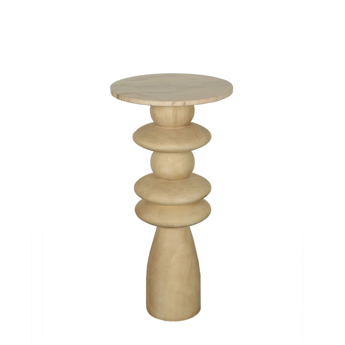 Ronde beige bijzettafel van mangohout en marmer met een decoratieve, gestapelde voet, 40 cm breed.