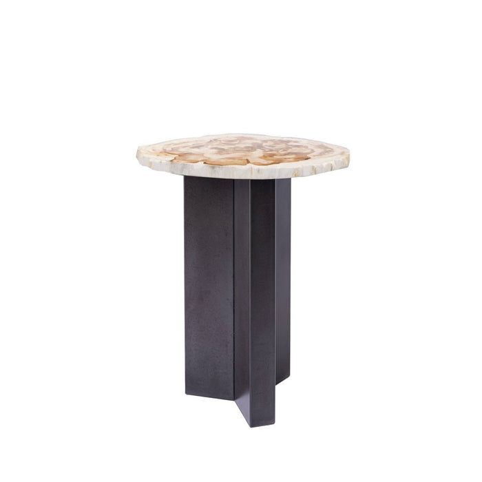 PTMD Jisse bijzettafel van 35x30 cm met een natuurlijk versteend houten blad en een donker metalen kruispoot.