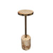 PTMD Mody bijzettafel van beige versteend hout met een slank metalen frame en rond tafelblad.