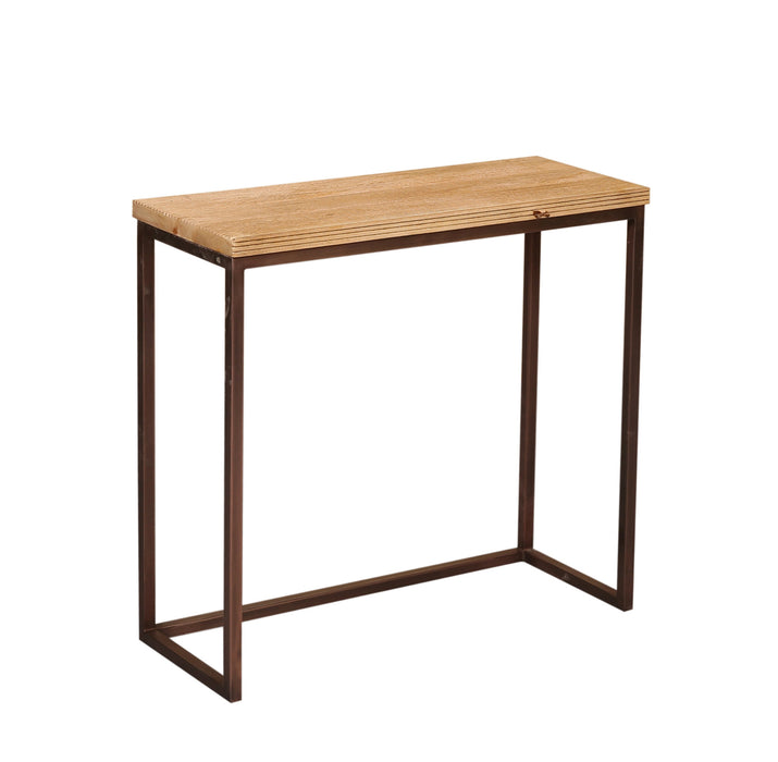 Rechthoekige PTMD Zoah bijzettafel van 29x70 cm met een bruin mangohouten blad en een koperkleurig metalen frame.