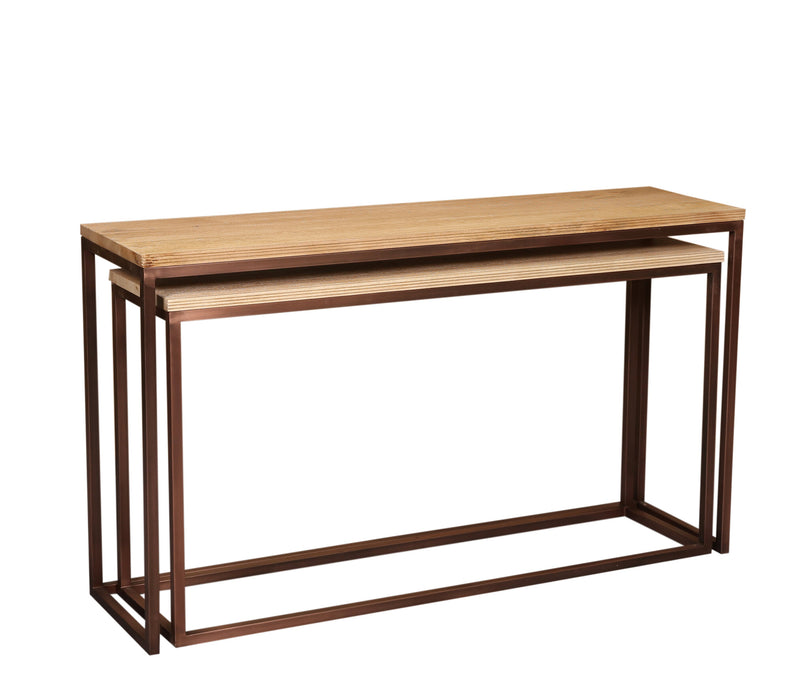 Rechthoekige PTMD bijzettafel Zoah van mangohout met een koperkleurig metalen frame, 41x149 cm.