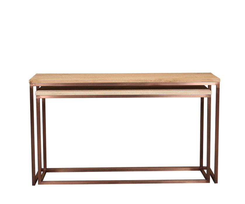Rechthoekige PTMD Zoah bijzettafel van mangohout met een koperkleurig frame, 41x149 cm.
