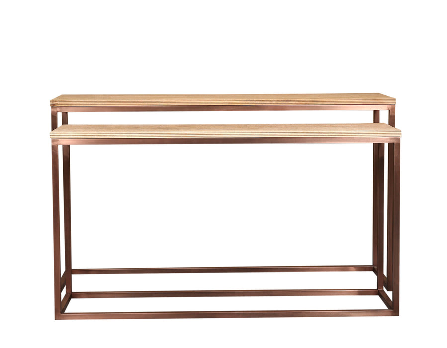 Rechthoekige PTMD Zoah bijzettafel van mangohout met een koperkleurig frame, 41x149 cm.
