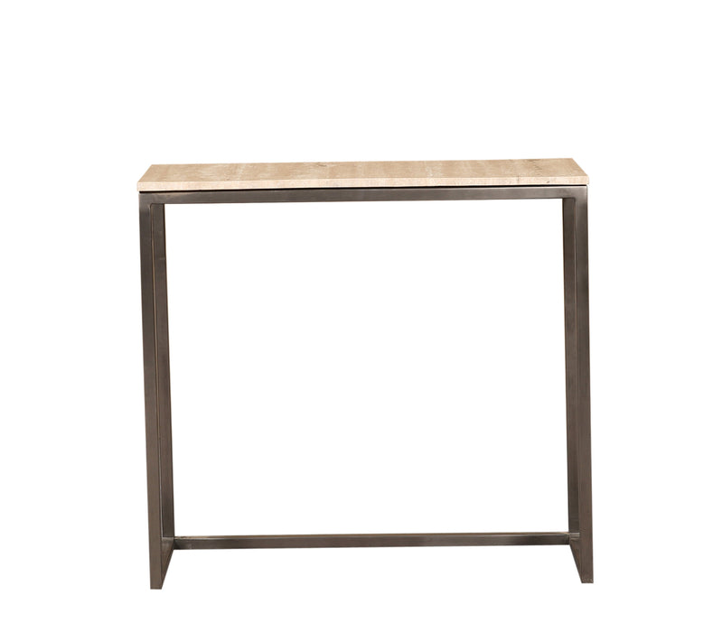 Rechthoekige PTMD bijzettafel Zoah van 29x70 cm met zwart metalen frame en een travertin blad.