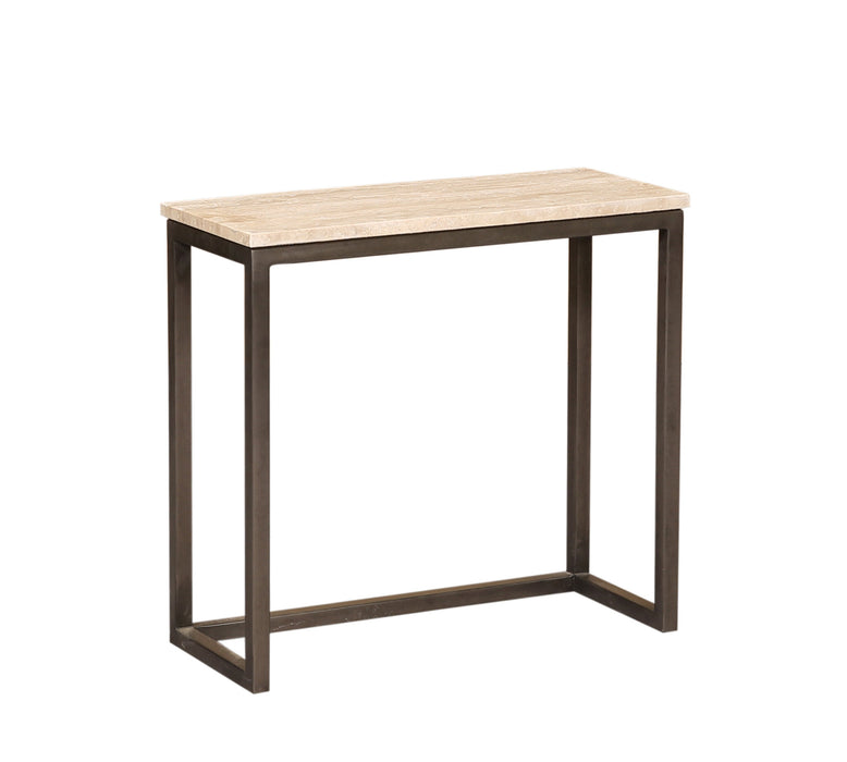 Rechthoekige PTMD bijzettafel Zoah van 29x70 cm met een zwart metalen frame en een travertin blad.