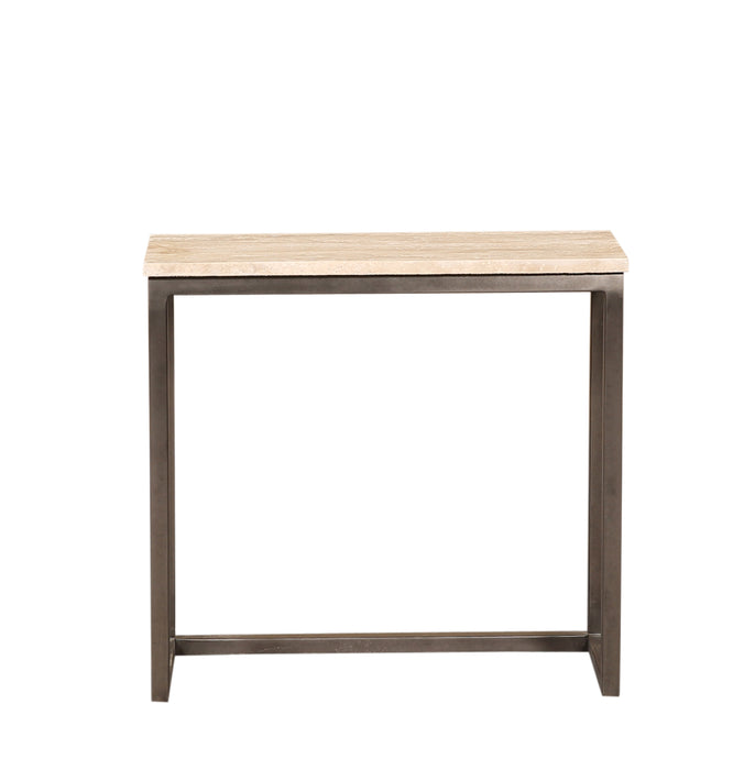 Rechthoekige PTMD bijzettafel Zoah van 29x70 cm met zwart mangohouten frame en een licht travertin tafelblad.