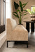 Beige gestoffeerde Xania eetkamerbank van 65x200 cm met slank zwart metalen onderstel in een modern interieur.