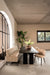 Beige polyester Xania eetkamerbank van 240 cm met slank zwart metalen onderstel in een modern interieur.
