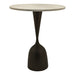 Ronde beige eettafel Patras van PTMD met een natuurstenen blad en een slanke, zwarte voet.