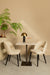 PTMD Plaza eettafel van 70 cm met wit marmeren blad en zwart onderstel, gecombineerd met twee beige stoelen.