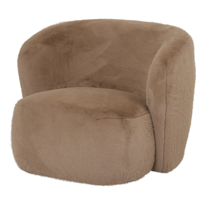 PTMD Aphrodite fauteuil in mocca kleur met zachte, bontachtige polyester bekleding en een rond design.