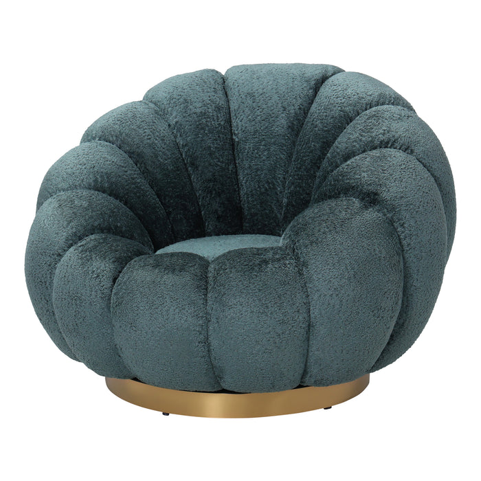 Petrolkleurige fauteuil Daisy met bloemvormige kuip en goudkleurig metalen onderstel.