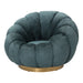 Petrolkleurige fauteuil Daisy met bloemvormige kuip en goudkleurig metalen onderstel.
