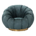 Petrolkleurige fauteuil Daisy met bloemvormige kuip en goudkleurig metalen onderstel.