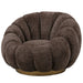 Donkerbruine fauteuil Daisy met bloemvormige kuip, zachte polyester bekleding en een goudkleurig metalen onderstel.