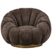 Donkerbruine fauteuil met bloemvormige kuip, zachte polyester bekleding en een goudkleurige metalen voet.