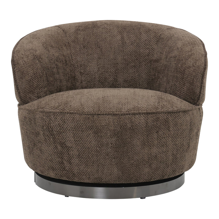 Bruine PTMD Filou fauteuil met gestructureerde polyester bekleding en een rond metalen onderstel.