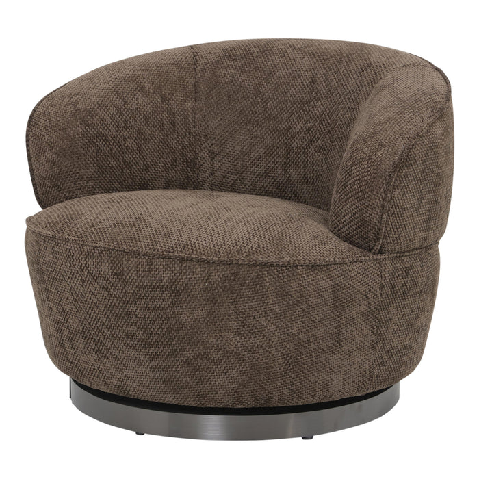 PTMD Filou fauteuil in bruine polyester stof met een rond, slank metalen onderstel.