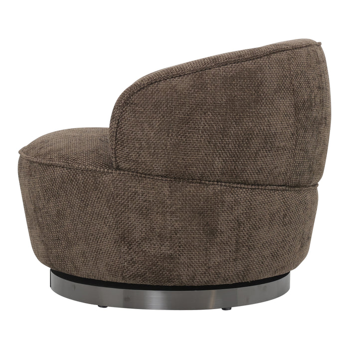 PTMD Filou fauteuil in bruin polyester met een rond metalen onderstel.