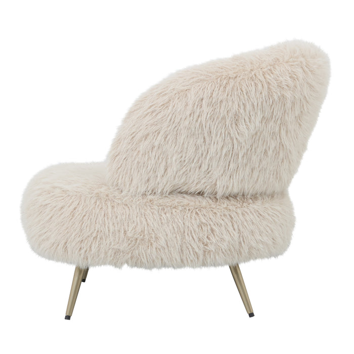 Beige fauteuil Franklyn met aaibare polyester bekleding en slank metalen onderstel.