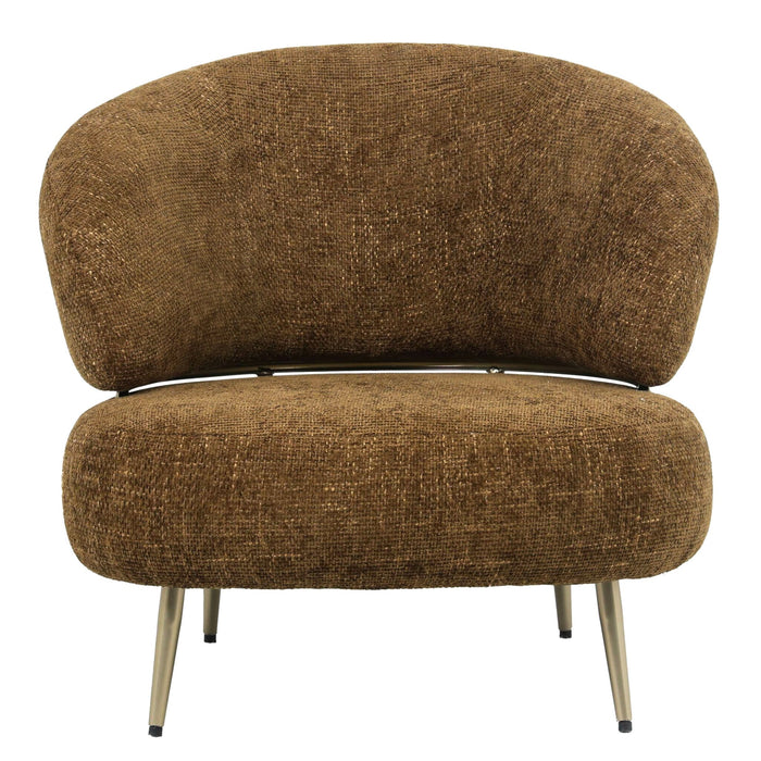 PTMD Franklyn fauteuil in amberkleurig polyester met een slank metalen onderstel.