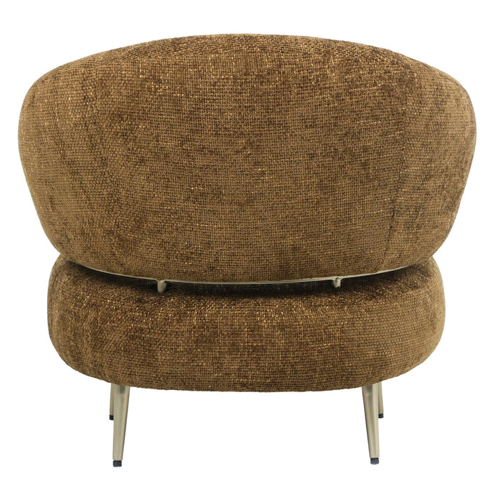 Moderne ronde fauteuil Franklyn in amberkleurig polyester met slank metalen onderstel, achterkant aanzicht.