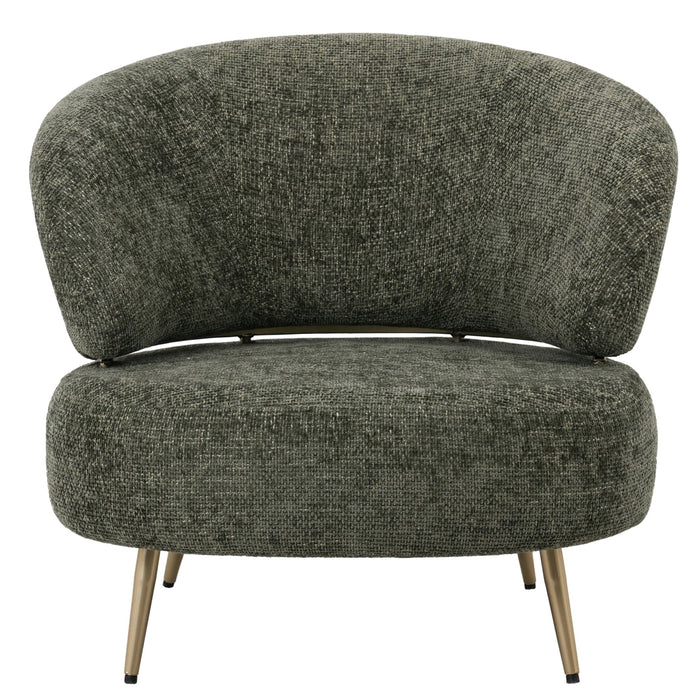 Olijfgroene fauteuil Franklyn van PTMD met polyester bekleding en slank metalen onderstel.