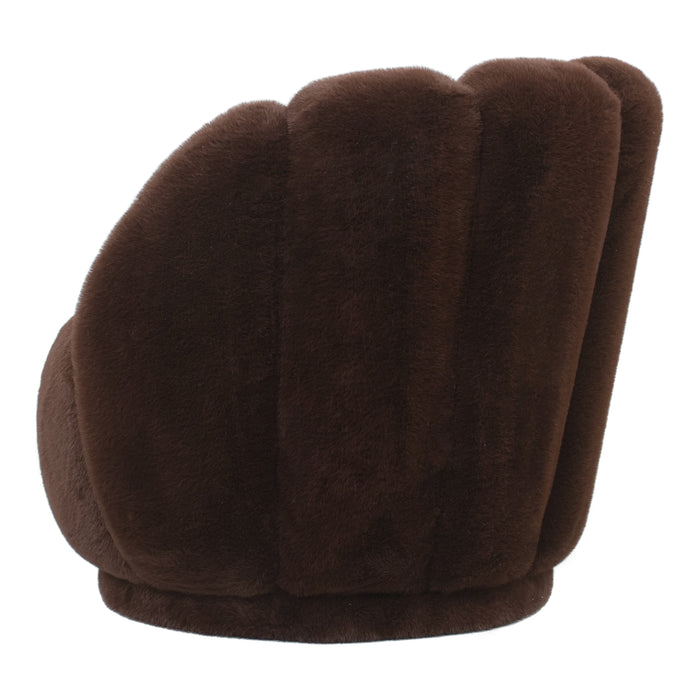 Bruine PTMD Furia fauteuil met zachte, bontachtige polyester bekleding en een stijlvol, gestreept rugontwerp.