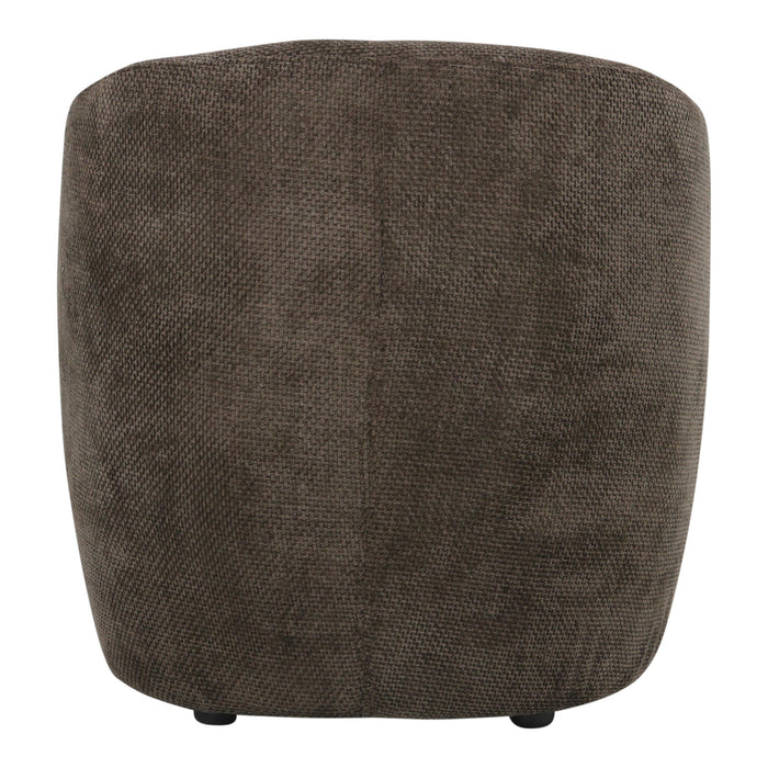 Bruine PTMD Grasa fauteuil van geweven polyester met een compact, modern design van 74x76 cm op een metalen onderstel.