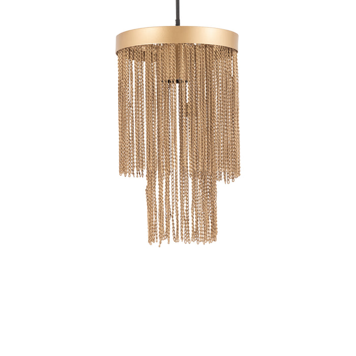 Goudkleurige PTMD Brenton hanglamp van 30 cm met een rond ijzeren armatuur en decoratieve metalen kettingen.