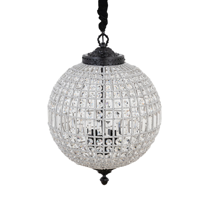Grijze PTMD Jaris hanglamp van 67 cm met een bolvormig ontwerp van fonkelend glas en zwarte details.