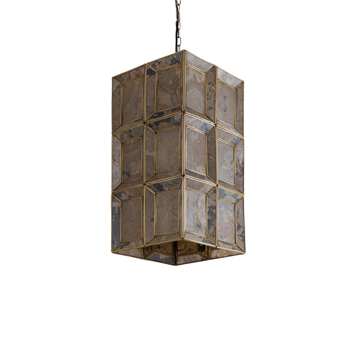 PTMD Layra hanglamp van 45 cm met messing frame en decoratieve glazen panelen in een beige, verweerde stijl.