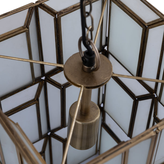 PTMD hanglamp Layra van wit melkglas met antiek messing frame, 24x24x45 cm.