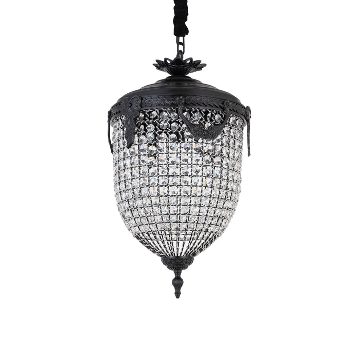 Ovale PTMD Lidde hanglamp van 70 cm met grijs frame en decoratieve glazen kristallen details.