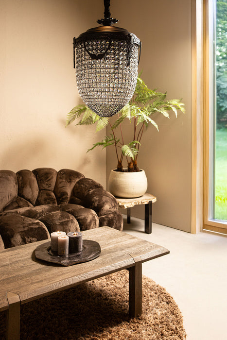 Ovale grijze glazen hanglamp Lidde van 70 cm in een sfeervol interieur.